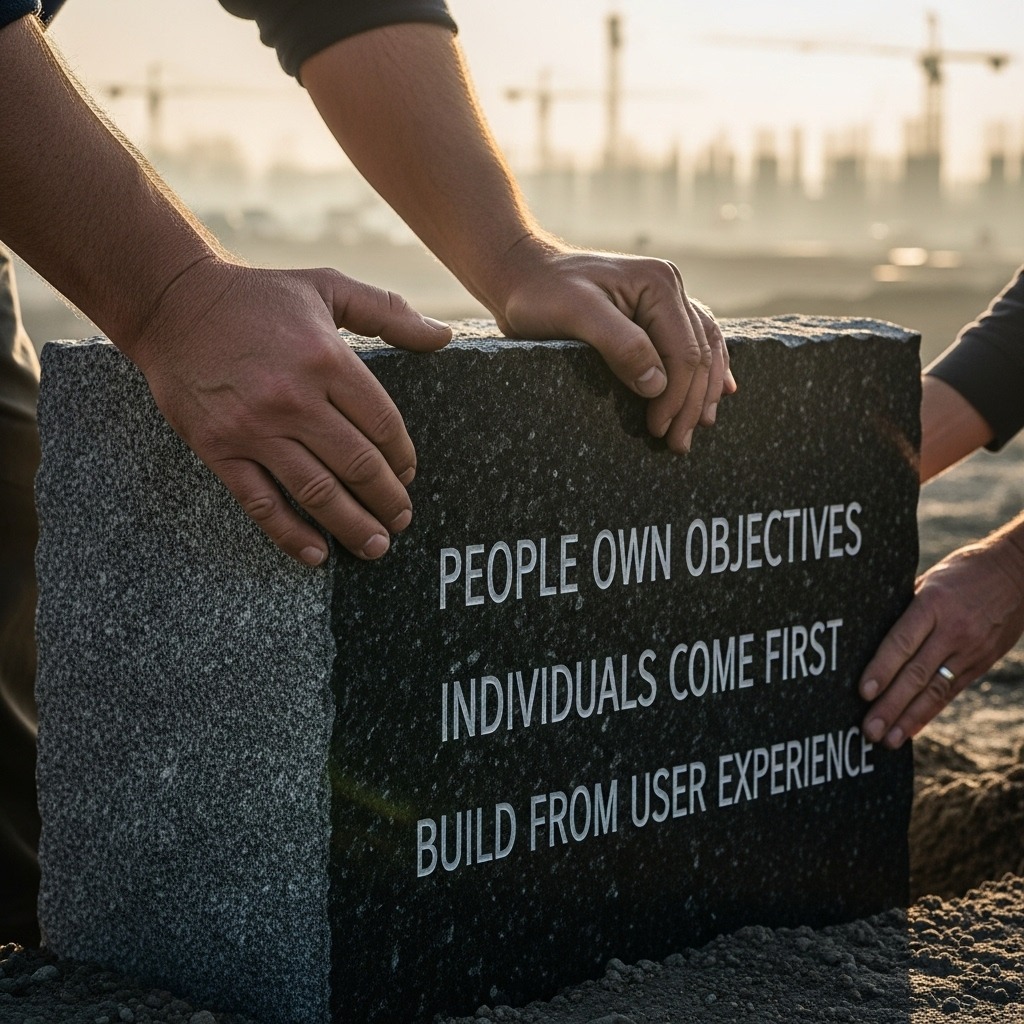 two men laying a cornerstone of values
