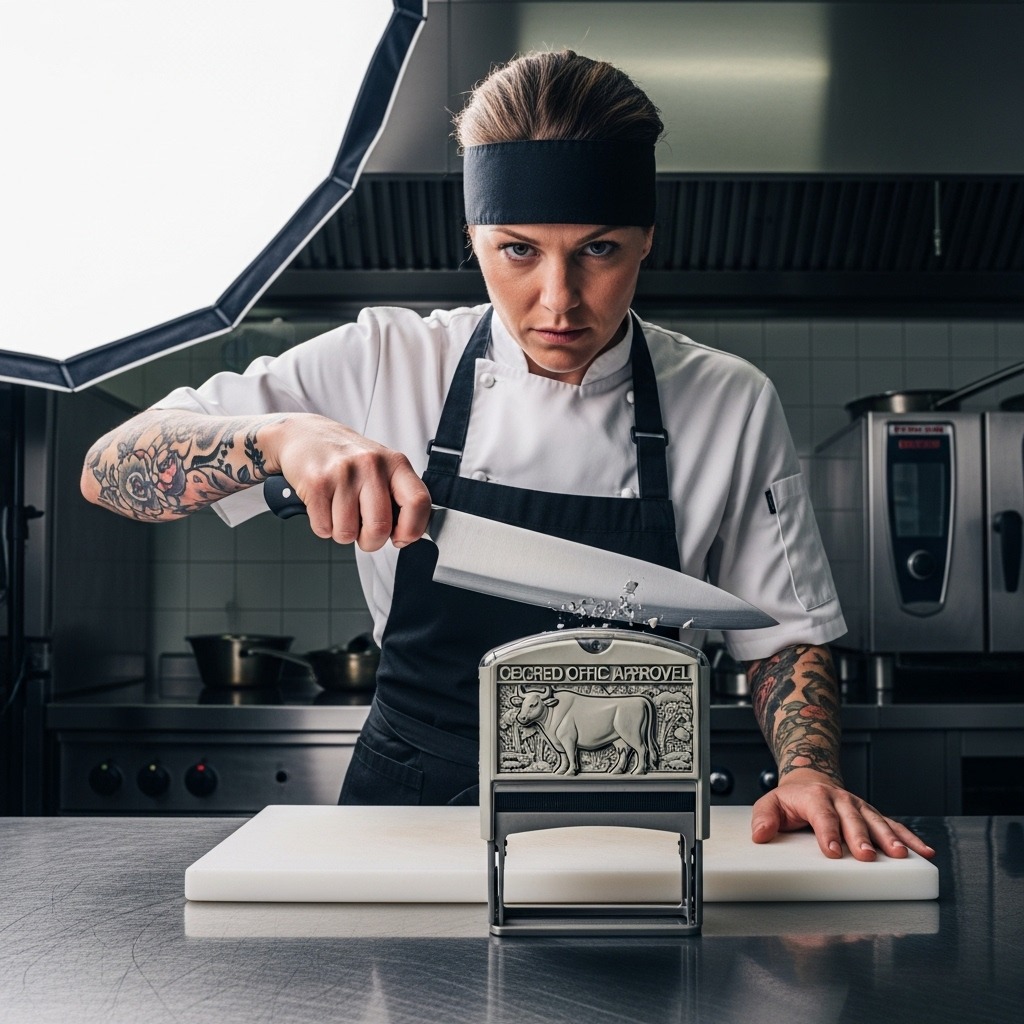Woman Holds a Knife cutting through a seemingly impenetrable stone